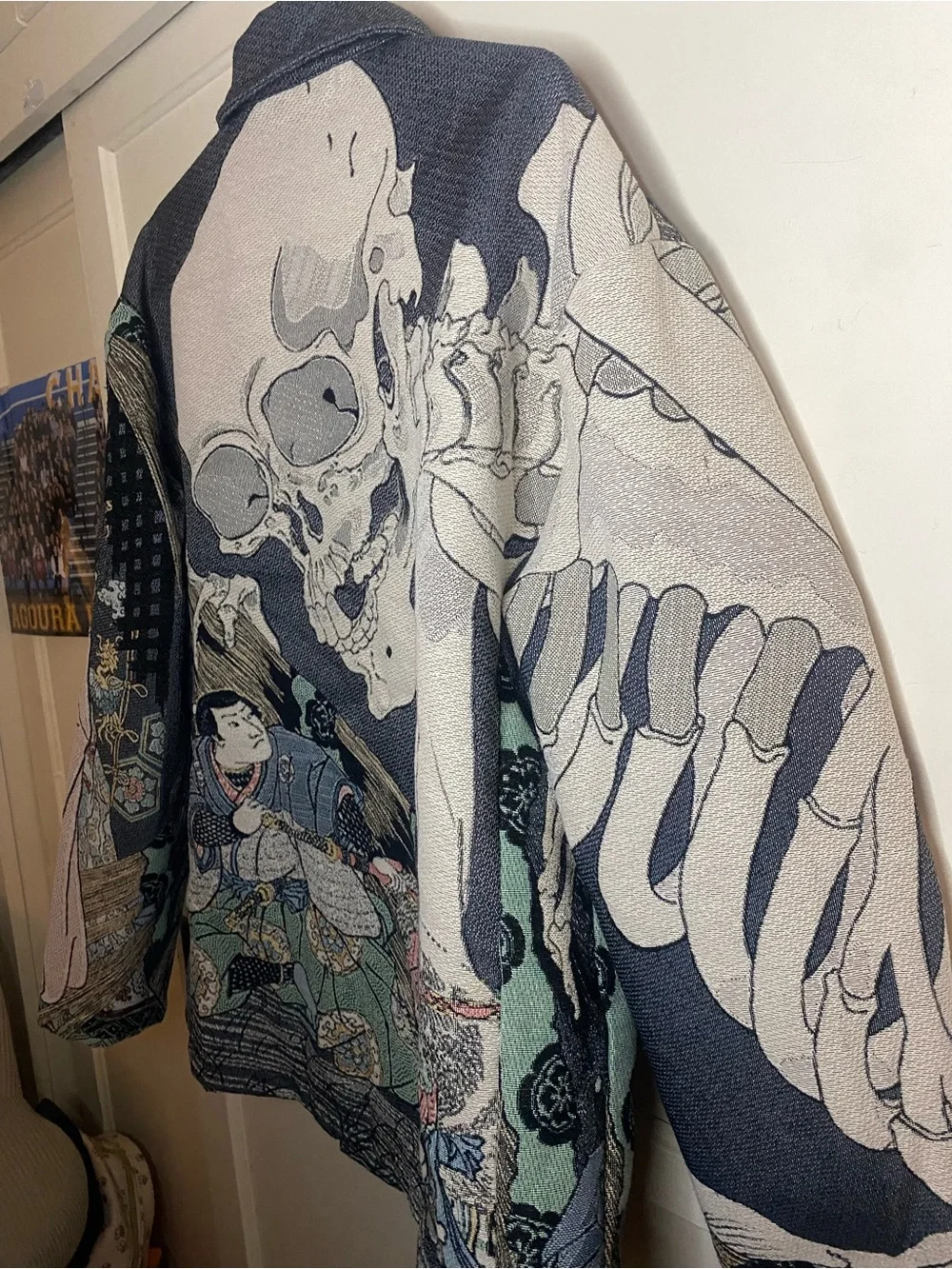 rebels Teal and Gray Skeleton Asian inspired Graphic Zip Jacket